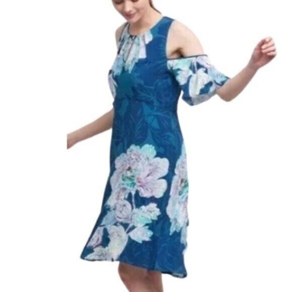 Anthropologie Maeve Elia Flutter Sleeve Cold Shoulder Green Floral Dress Size 6 - Picture 2 of 8